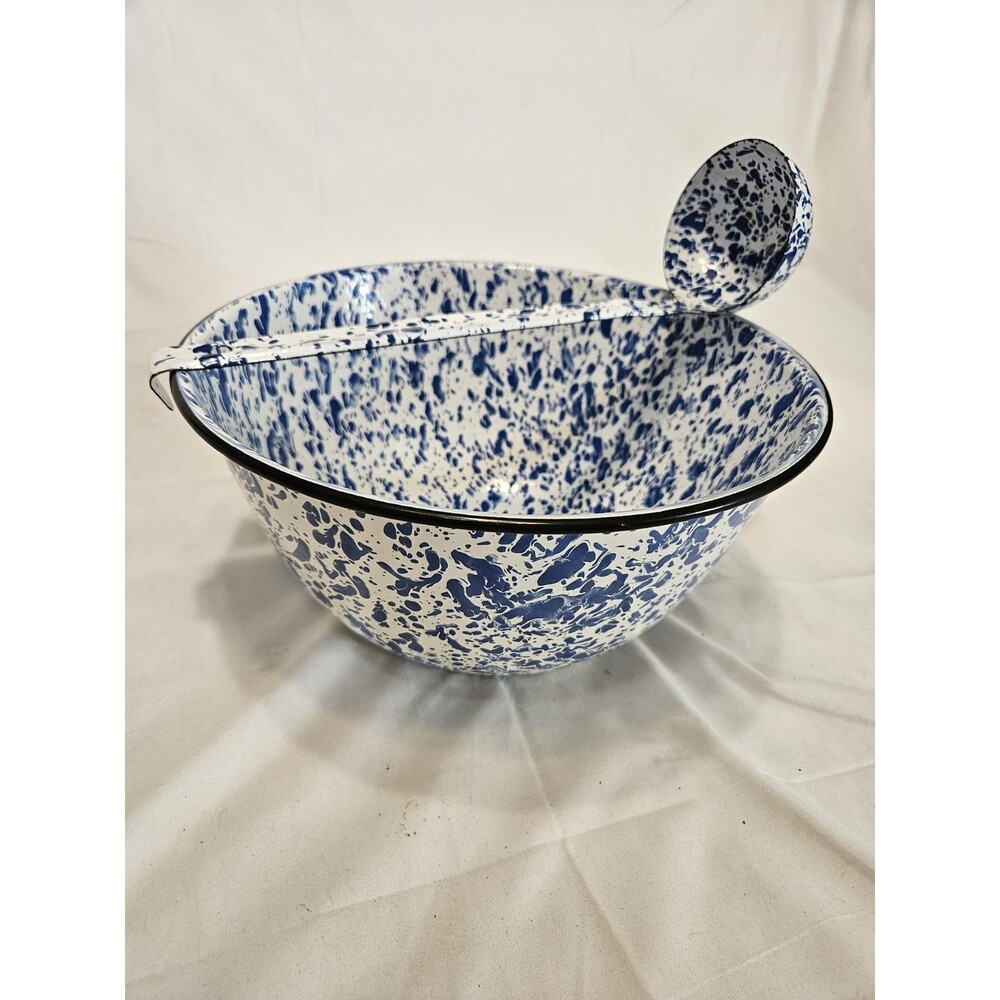 Rare Vintage CGS Blue White Splatterware Enamel 10.75" Wide Serving Bowl & Ladle